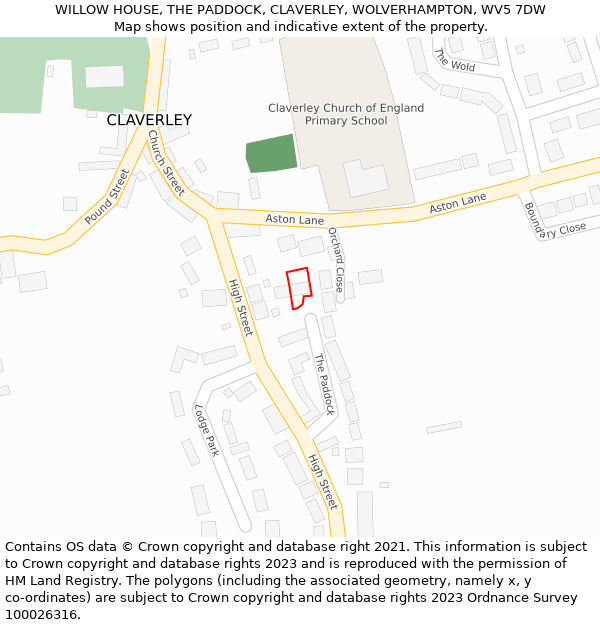 WILLOW HOUSE, THE PADDOCK, CLAVERLEY, WOLVERHAMPTON, WV5 7DW: Location map and indicative extent of plot