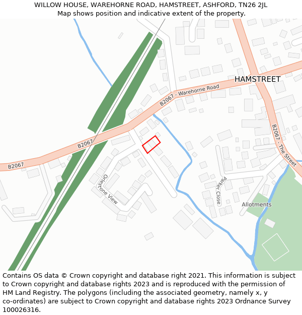 WILLOW HOUSE, WAREHORNE ROAD, HAMSTREET, ASHFORD, TN26 2JL: Location map and indicative extent of plot