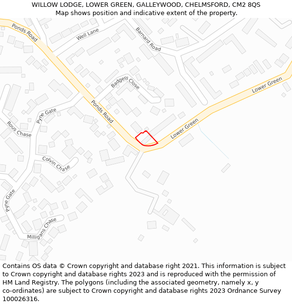 WILLOW LODGE, LOWER GREEN, GALLEYWOOD, CHELMSFORD, CM2 8QS: Location map and indicative extent of plot