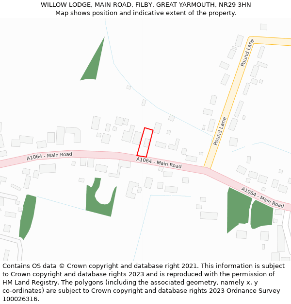 WILLOW LODGE, MAIN ROAD, FILBY, GREAT YARMOUTH, NR29 3HN: Location map and indicative extent of plot