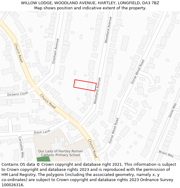 WILLOW LODGE, WOODLAND AVENUE, HARTLEY, LONGFIELD, DA3 7BZ: Location map and indicative extent of plot