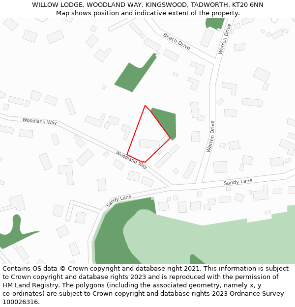 WILLOW LODGE, WOODLAND WAY, KINGSWOOD, TADWORTH, KT20 6NN: Location map and indicative extent of plot