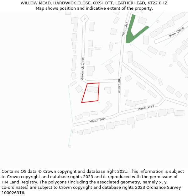 WILLOW MEAD, HARDWICK CLOSE, OXSHOTT, LEATHERHEAD, KT22 0HZ: Location map and indicative extent of plot
