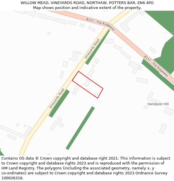 WILLOW MEAD, VINEYARDS ROAD, NORTHAW, POTTERS BAR, EN6 4PG: Location map and indicative extent of plot