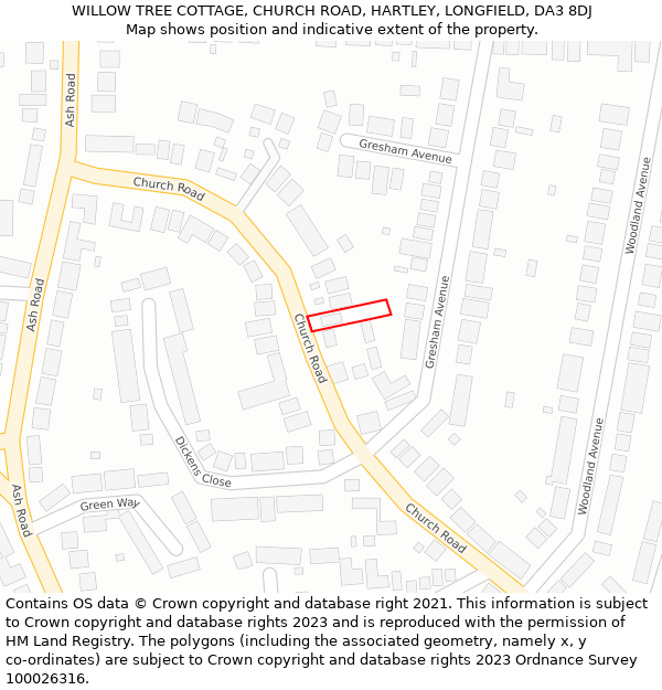 WILLOW TREE COTTAGE, CHURCH ROAD, HARTLEY, LONGFIELD, DA3 8DJ: Location map and indicative extent of plot
