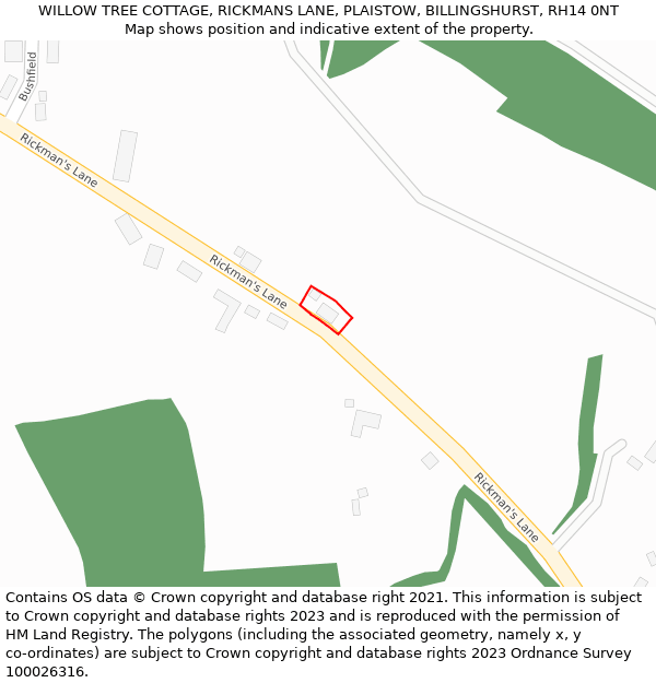 WILLOW TREE COTTAGE, RICKMANS LANE, PLAISTOW, BILLINGSHURST, RH14 0NT: Location map and indicative extent of plot