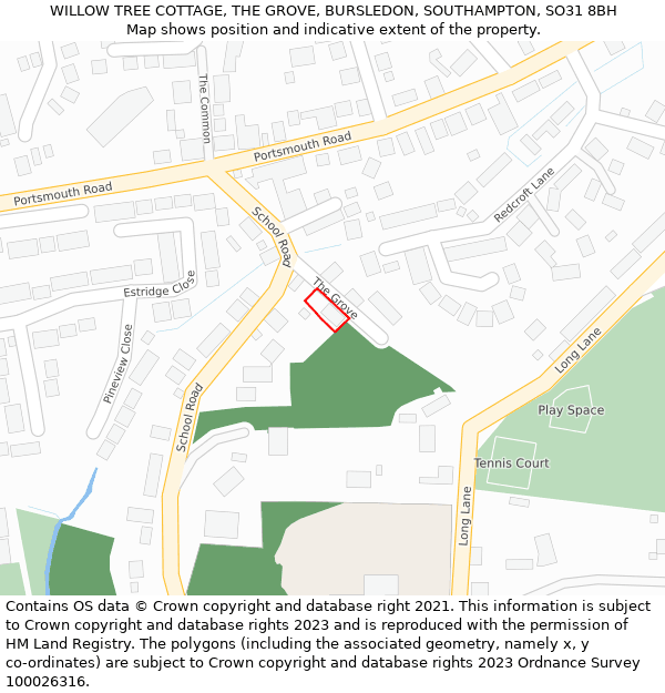 WILLOW TREE COTTAGE, THE GROVE, BURSLEDON, SOUTHAMPTON, SO31 8BH: Location map and indicative extent of plot