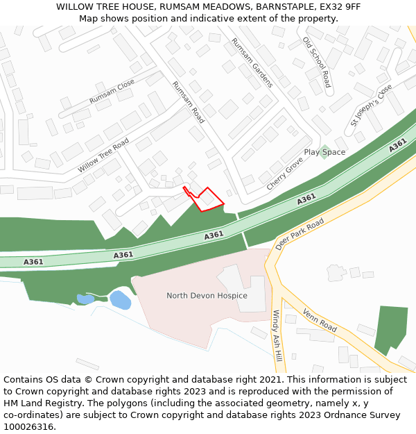 WILLOW TREE HOUSE, RUMSAM MEADOWS, BARNSTAPLE, EX32 9FF: Location map and indicative extent of plot