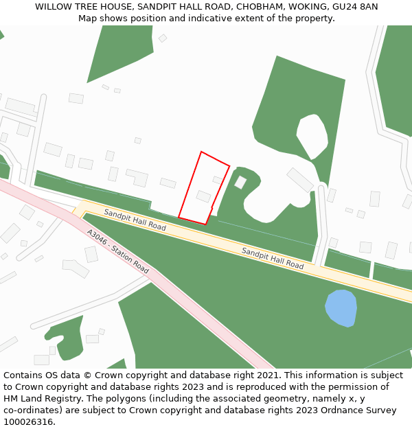 WILLOW TREE HOUSE, SANDPIT HALL ROAD, CHOBHAM, WOKING, GU24 8AN: Location map and indicative extent of plot