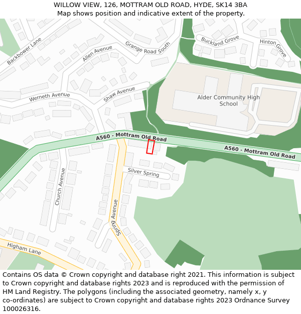 WILLOW VIEW, 126, MOTTRAM OLD ROAD, HYDE, SK14 3BA: Location map and indicative extent of plot