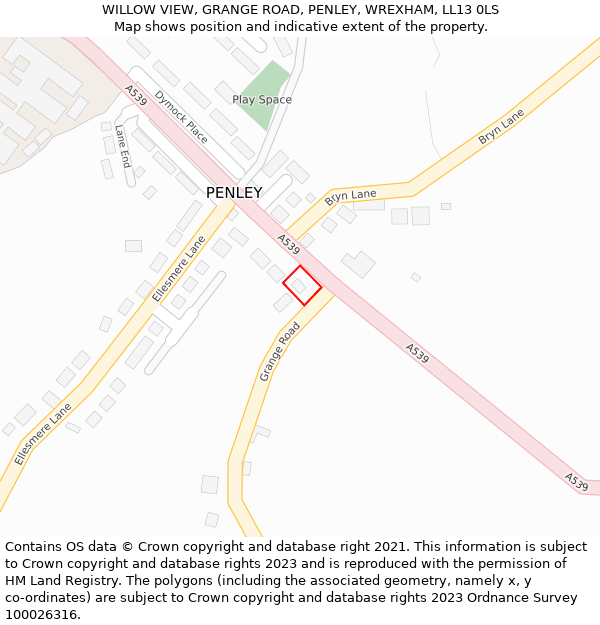 WILLOW VIEW, GRANGE ROAD, PENLEY, WREXHAM, LL13 0LS: Location map and indicative extent of plot