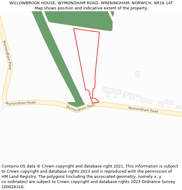 WILLOWBROOK HOUSE, WYMONDHAM ROAD, WRENINGHAM, NORWICH, NR16 1AT: Location map and indicative extent of plot