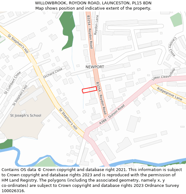 WILLOWBROOK, ROYDON ROAD, LAUNCESTON, PL15 8DN: Location map and indicative extent of plot