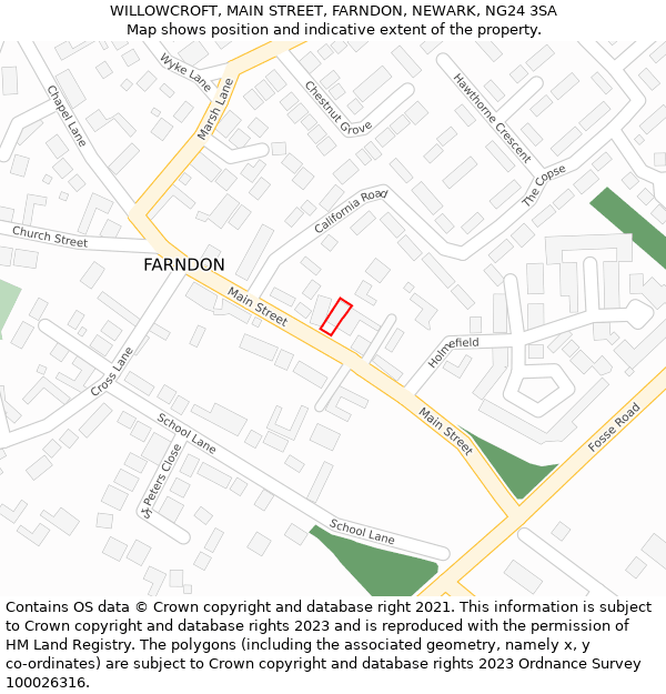 WILLOWCROFT, MAIN STREET, FARNDON, NEWARK, NG24 3SA: Location map and indicative extent of plot
