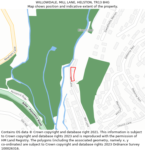 WILLOWDALE, MILL LANE, HELSTON, TR13 8HG: Location map and indicative extent of plot