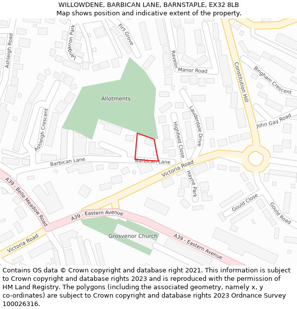 WILLOWDENE, BARBICAN LANE, BARNSTAPLE, EX32 8LB: Location map and indicative extent of plot