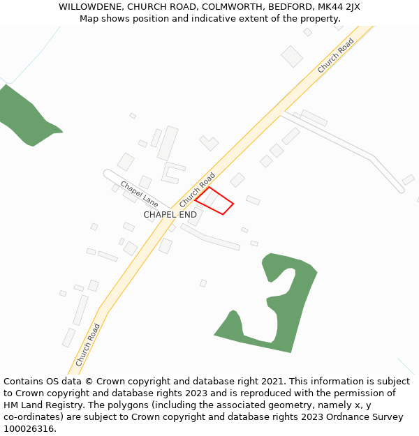 WILLOWDENE, CHURCH ROAD, COLMWORTH, BEDFORD, MK44 2JX: Location map and indicative extent of plot