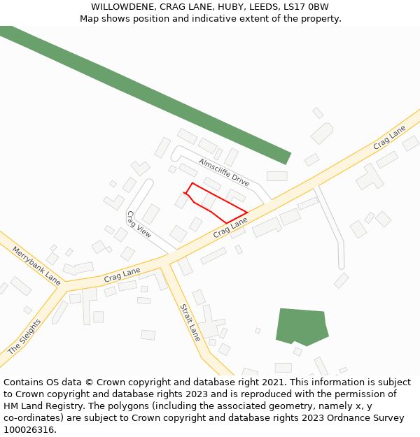 WILLOWDENE, CRAG LANE, HUBY, LEEDS, LS17 0BW: Location map and indicative extent of plot