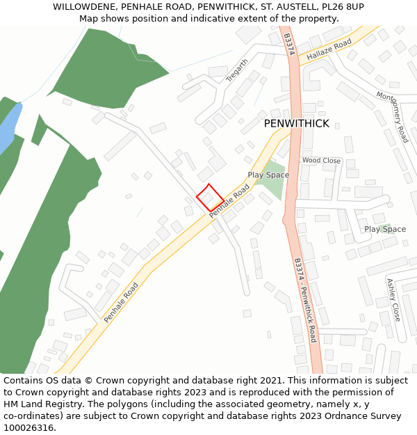 WILLOWDENE, PENHALE ROAD, PENWITHICK, ST AUSTELL, PL26 8UP: Location map and indicative extent of plot