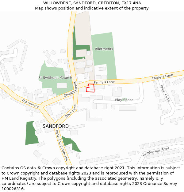 WILLOWDENE, SANDFORD, CREDITON, EX17 4NA: Location map and indicative extent of plot