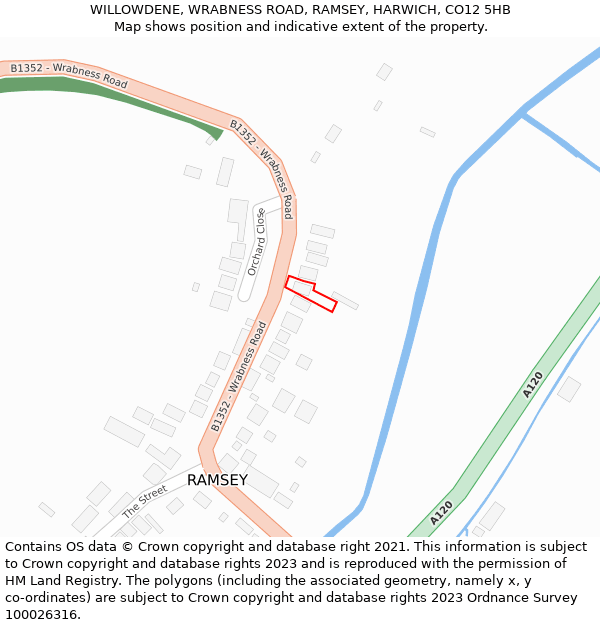 WILLOWDENE, WRABNESS ROAD, RAMSEY, HARWICH, CO12 5HB: Location map and indicative extent of plot