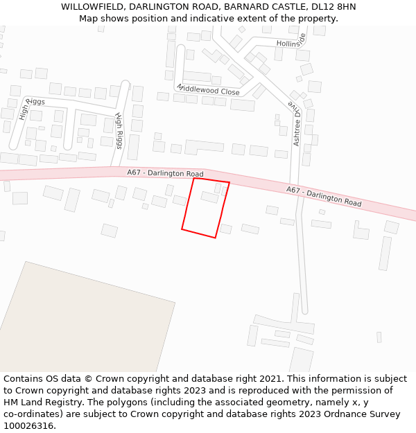 WILLOWFIELD, DARLINGTON ROAD, BARNARD CASTLE, DL12 8HN: Location map and indicative extent of plot