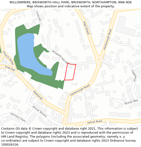 WILLOWMERE, BRIXWORTH HALL PARK, BRIXWORTH, NORTHAMPTON, NN6 9DE: Location map and indicative extent of plot