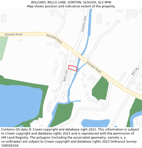 WILLOWS, BELLS LANE, HORTON, SLOUGH, SL3 9PW: Location map and indicative extent of plot