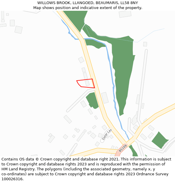 WILLOWS BROOK, LLANGOED, BEAUMARIS, LL58 8NY: Location map and indicative extent of plot