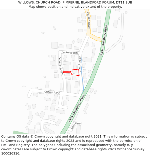 WILLOWS, CHURCH ROAD, PIMPERNE, BLANDFORD FORUM, DT11 8UB: Location map and indicative extent of plot