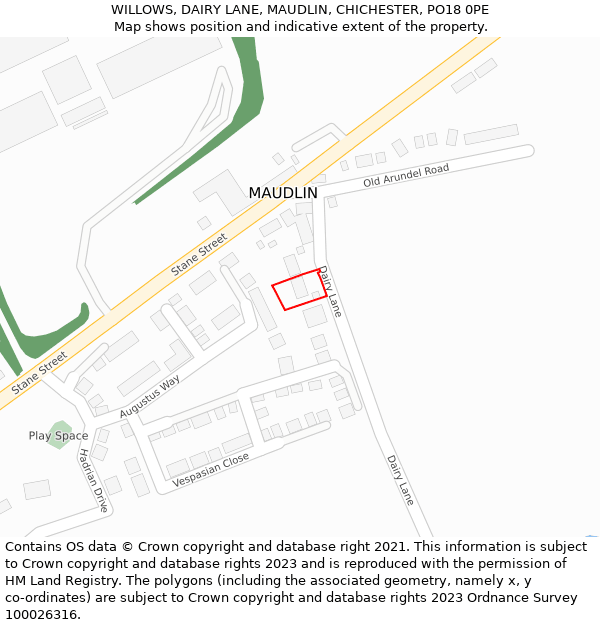 WILLOWS, DAIRY LANE, MAUDLIN, CHICHESTER, PO18 0PE: Location map and indicative extent of plot