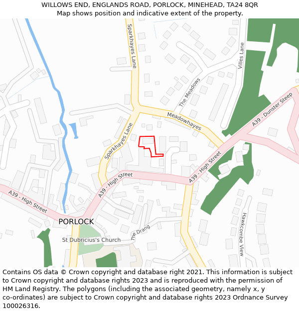 WILLOWS END, ENGLANDS ROAD, PORLOCK, MINEHEAD, TA24 8QR: Location map and indicative extent of plot