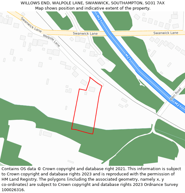 WILLOWS END, WALPOLE LANE, SWANWICK, SOUTHAMPTON, SO31 7AX: Location map and indicative extent of plot