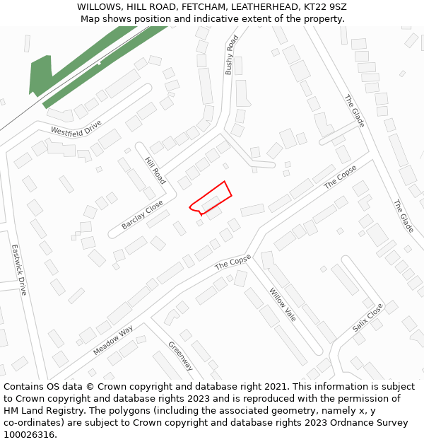 WILLOWS, HILL ROAD, FETCHAM, LEATHERHEAD, KT22 9SZ: Location map and indicative extent of plot