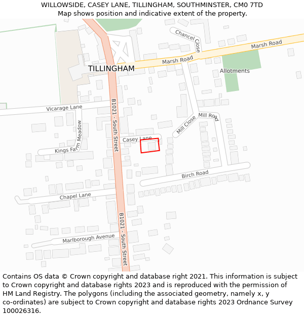 WILLOWSIDE, CASEY LANE, TILLINGHAM, SOUTHMINSTER, CM0 7TD: Location map and indicative extent of plot