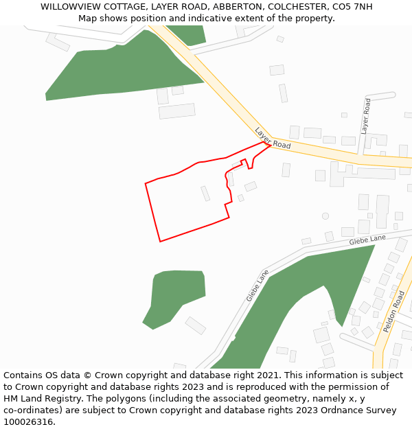WILLOWVIEW COTTAGE, LAYER ROAD, ABBERTON, COLCHESTER, CO5 7NH: Location map and indicative extent of plot