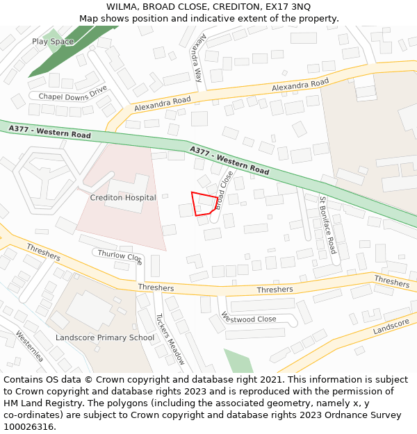 WILMA, BROAD CLOSE, CREDITON, EX17 3NQ: Location map and indicative extent of plot