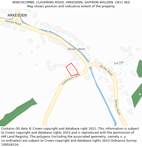 WINCHCOMBE, CLAVERING ROAD, ARKESDEN, SAFFRON WALDEN, CB11 4EZ: Location map and indicative extent of plot