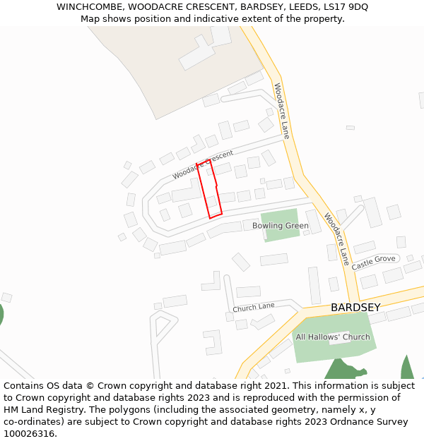 WINCHCOMBE, WOODACRE CRESCENT, BARDSEY, LEEDS, LS17 9DQ: Location map and indicative extent of plot