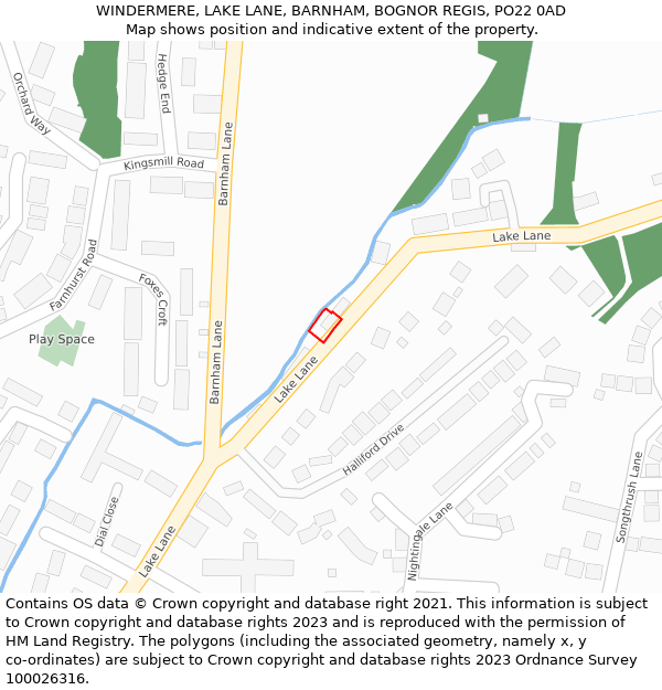 WINDERMERE, LAKE LANE, BARNHAM, BOGNOR REGIS, PO22 0AD: Location map and indicative extent of plot