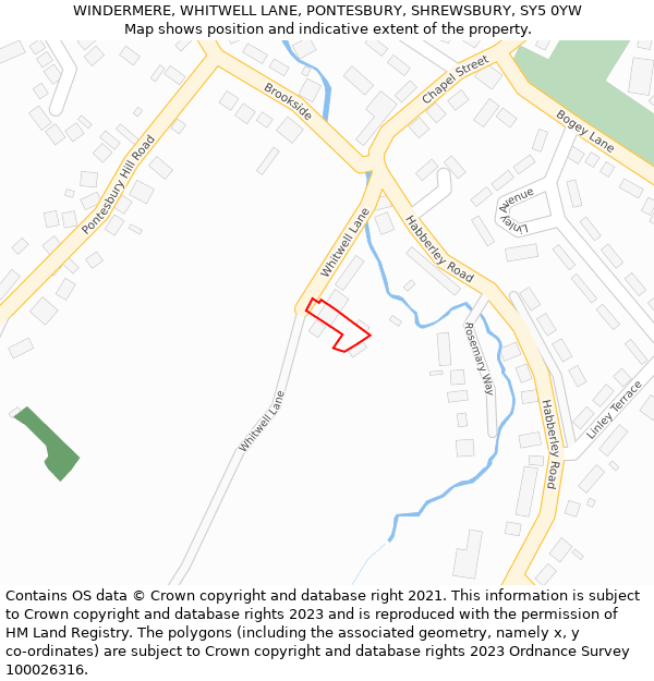 WINDERMERE, WHITWELL LANE, PONTESBURY, SHREWSBURY, SY5 0YW: Location map and indicative extent of plot