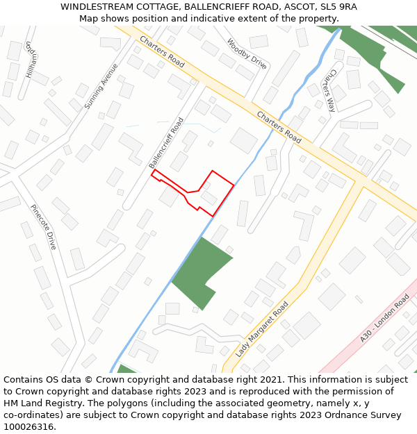 WINDLESTREAM COTTAGE, BALLENCRIEFF ROAD, ASCOT, SL5 9RA: Location map and indicative extent of plot
