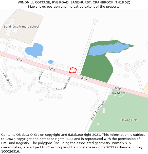 WINDMILL COTTAGE, RYE ROAD, SANDHURST, CRANBROOK, TN18 5JQ: Location map and indicative extent of plot