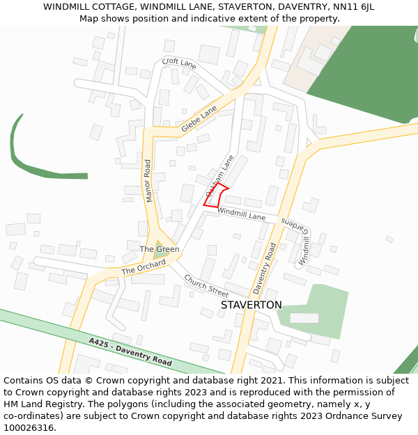 WINDMILL COTTAGE, WINDMILL LANE, STAVERTON, DAVENTRY, NN11 6JL: Location map and indicative extent of plot