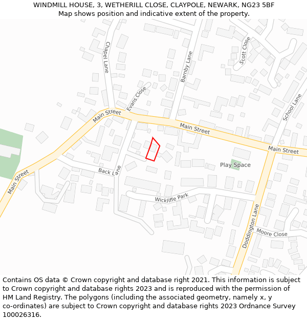 WINDMILL HOUSE, 3, WETHERILL CLOSE, CLAYPOLE, NEWARK, NG23 5BF: Location map and indicative extent of plot