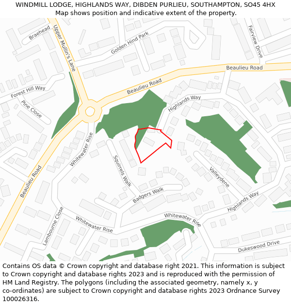 WINDMILL LODGE, HIGHLANDS WAY, DIBDEN PURLIEU, SOUTHAMPTON, SO45 4HX: Location map and indicative extent of plot