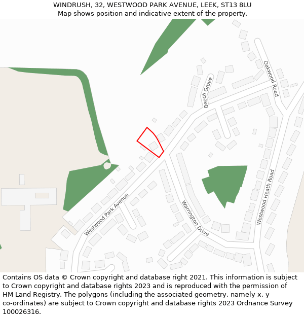 WINDRUSH, 32, WESTWOOD PARK AVENUE, LEEK, ST13 8LU: Location map and indicative extent of plot