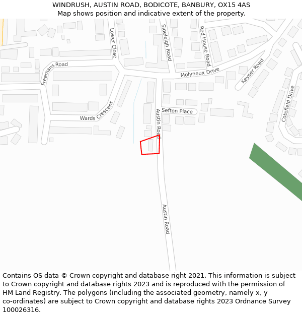 WINDRUSH, AUSTIN ROAD, BODICOTE, BANBURY, OX15 4AS: Location map and indicative extent of plot