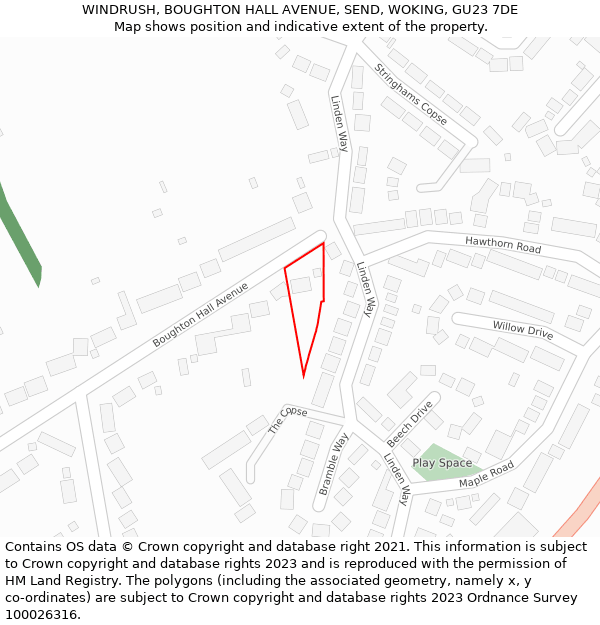 WINDRUSH, BOUGHTON HALL AVENUE, SEND, WOKING, GU23 7DE: Location map and indicative extent of plot