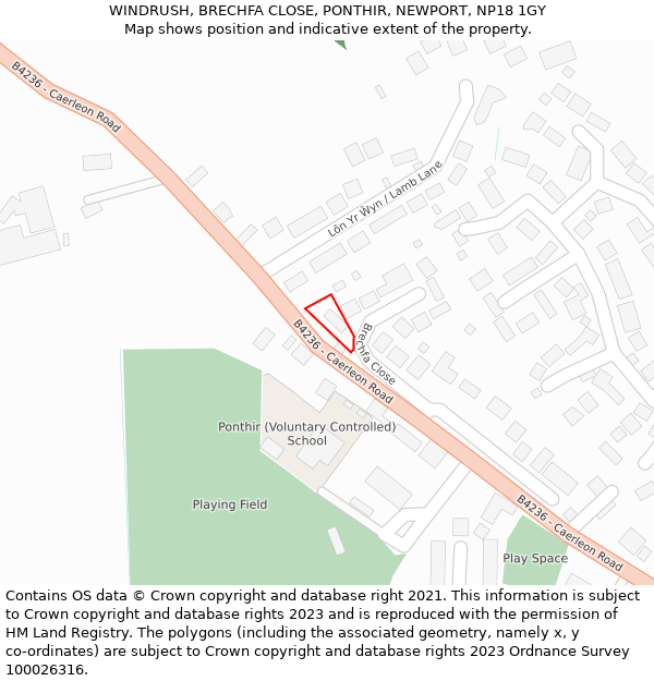 WINDRUSH, BRECHFA CLOSE, PONTHIR, NEWPORT, NP18 1GY: Location map and indicative extent of plot